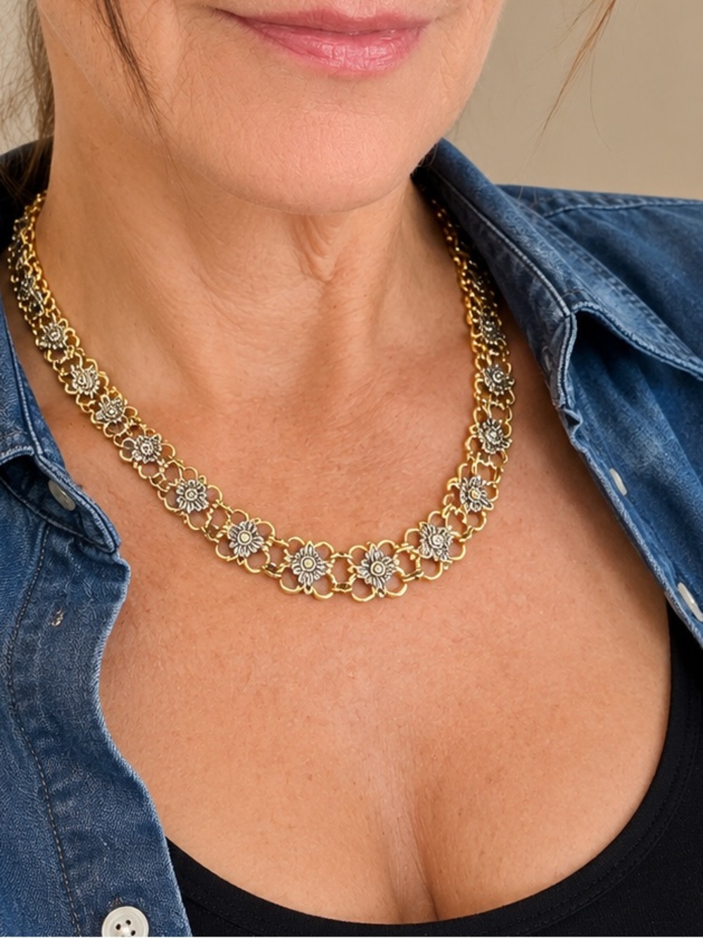 Vintage-Inspired Mixed Gold & Silver Tone Linked Necklace